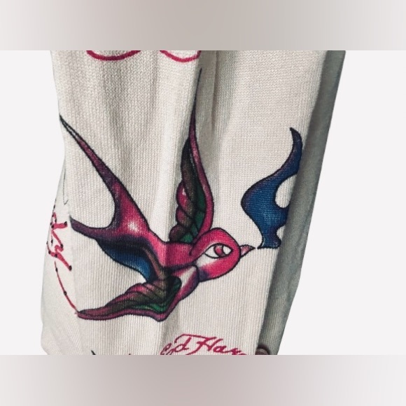 NWT Vintage ED HARDY Hoodie Sweater Cream Birds Enbroidered Designer Cardigan - Picture 7 of 15